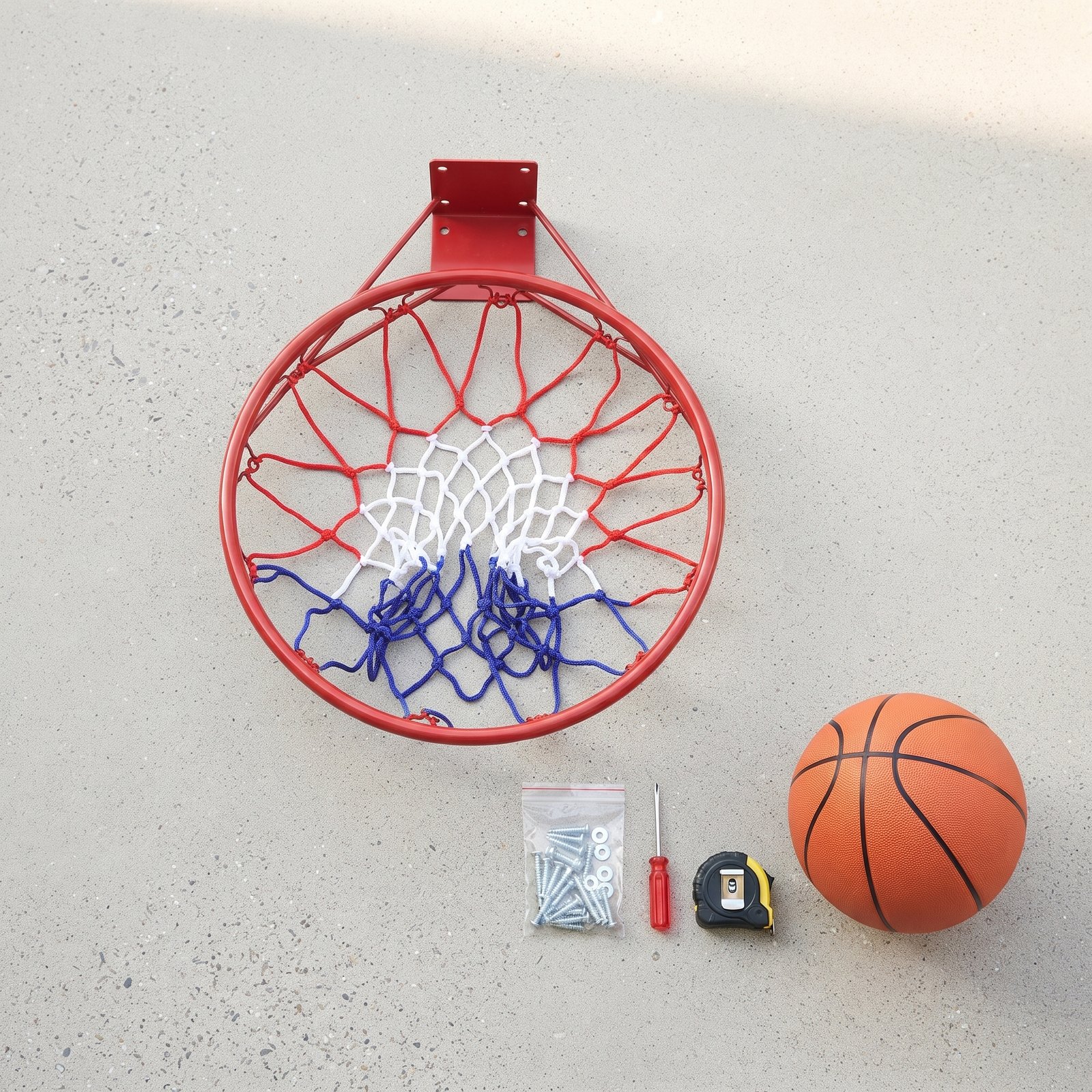 Wall Mounted Basketball Hoop with Net - Red Steel Rim for Indoor & Outdoor Practice
